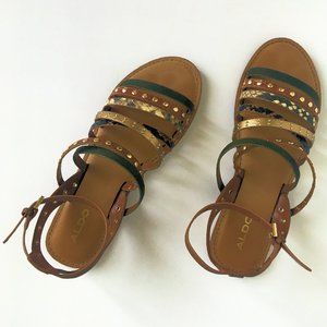 Aldo Flat Strappy Sandals 6.5 (Brown Gold Green)